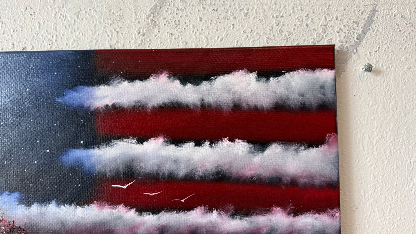 Painting #2457 - 16x20" Canvas - American Flag Seascape painted 5-25-26