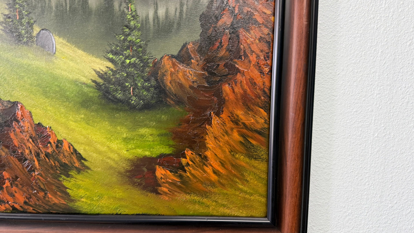 Painting #2556 - 18x24" Canvas - Framed Sunset Mountain Landscape painted 8-19-26