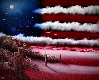 Painting #2457 - 16x20" Canvas - American Flag Seascape painted 5-25-26