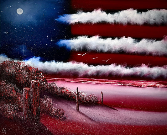 Painting #2457 - 16x20" Canvas - American Flag Seascape painted 5-25-26