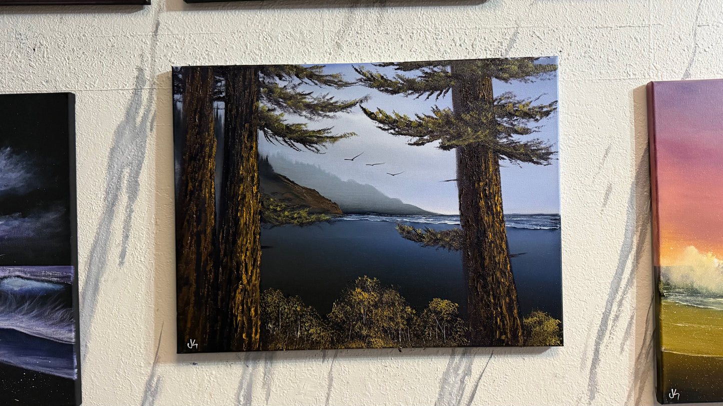 Painting #2323 - 18x24" Canvas - Oregon Coast Seascape With Ponderosa Pines painted 3-7-26