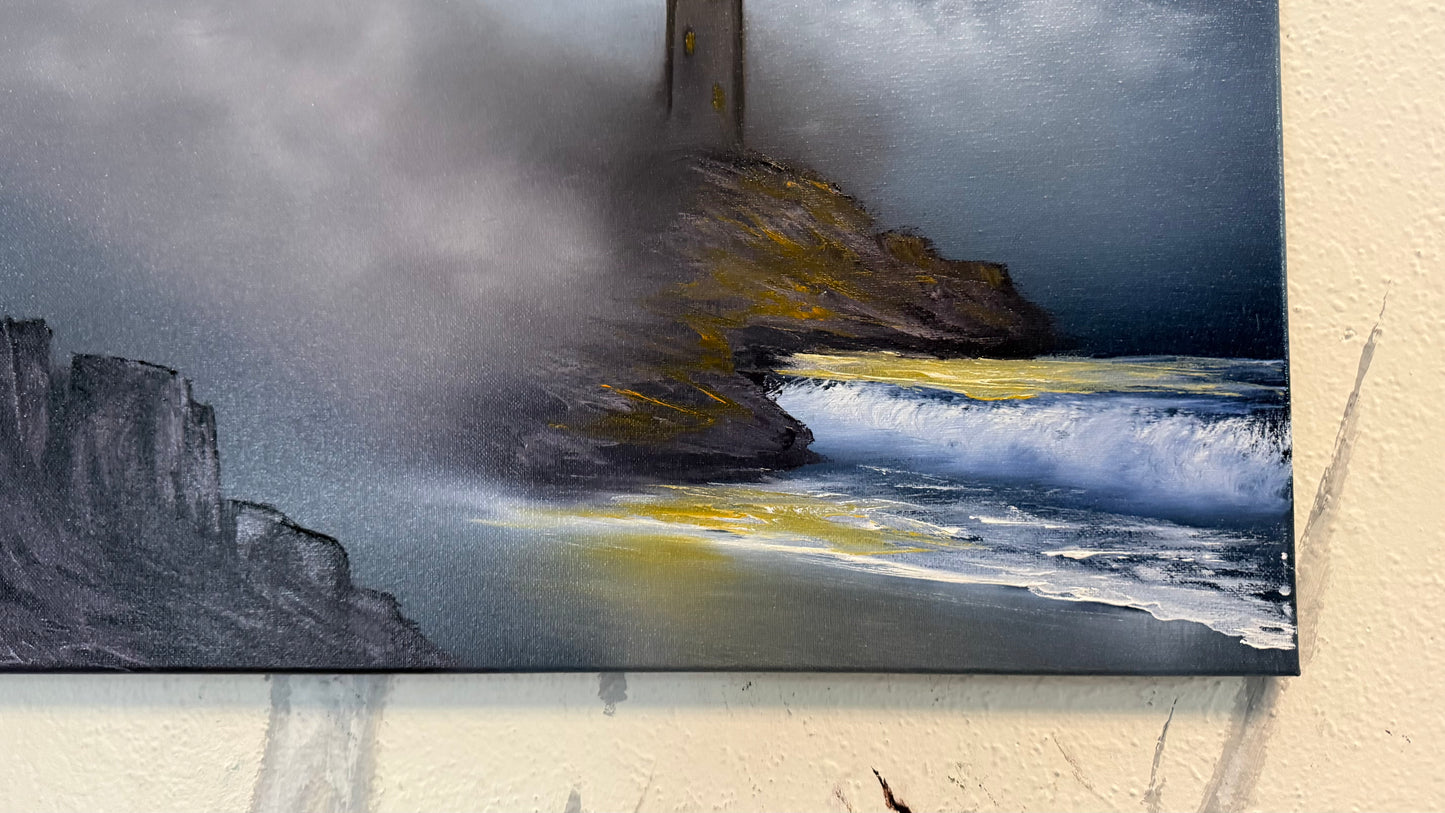 Painting #2230 - 16x20" Canvas - Lighthouse Seascape painted 1-10-26