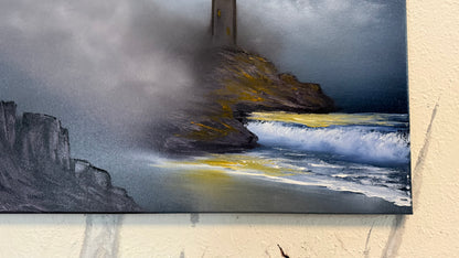 Painting #2230 - 16x20" Canvas - Lighthouse Seascape painted 1-10-26