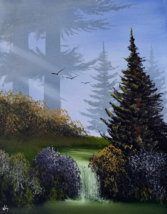 Painting #2491 - 16x20" Canvas - Forest Waterfall painted 6-21-26