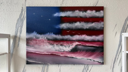 Painting #2121 - 18x24" Canvas - American Flag Seascape painted 10-26-25