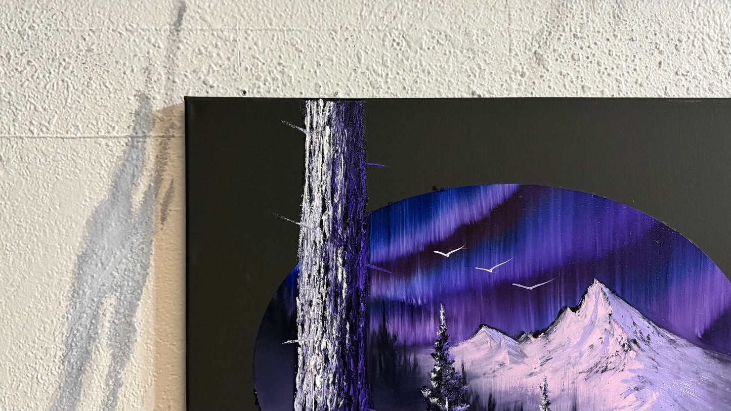 Painting #2353 - 16x20" Canvas - Oval Northern Lights Mountain painted 3-23-26