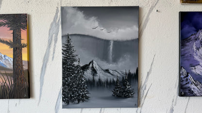 Painting #2489 - 18x24" Canvas - Black and White Mountain Waterfall painted 6-15-26