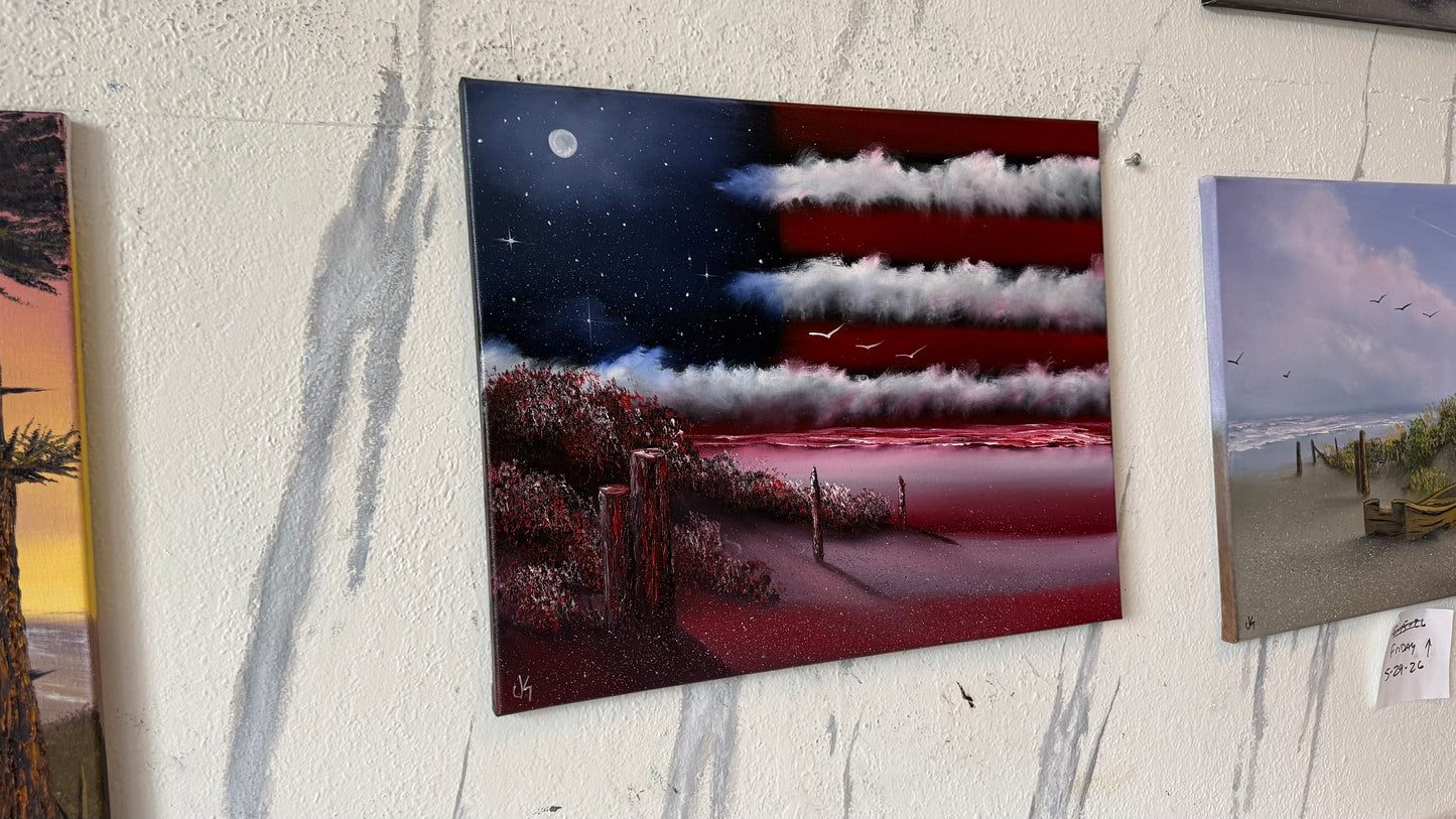 Painting #2457 - 16x20" Canvas - American Flag Seascape painted 5-25-26