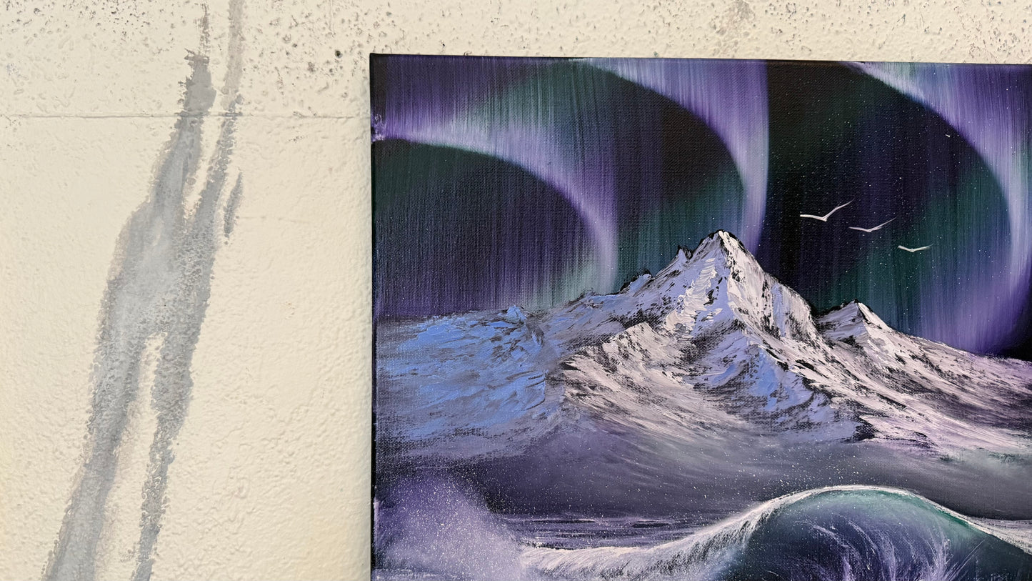 Painting #2403 - 16x20" Canvas - Aurora Mountain Seascape painted 4-21-26