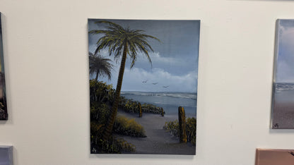 Painting #2564 - 16x20" Canvas - Tropical Palm Tree Seascape painted 8-22-26