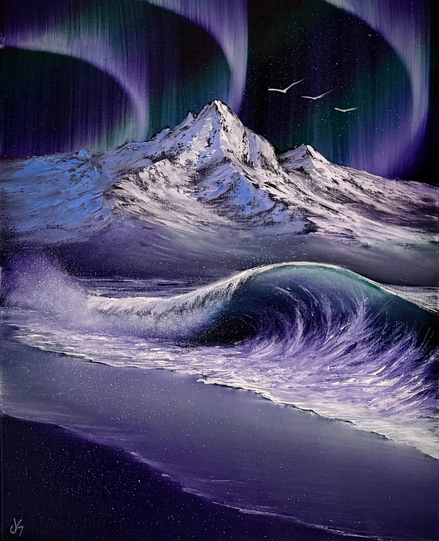 Painting #2403 - 16x20" Canvas - Aurora Mountain Seascape painted 4-21-26