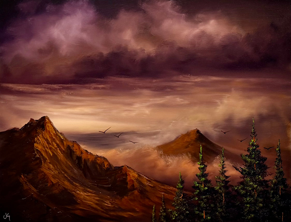 Painting #2606 - 22x28" Canvas - Dramatic Sunset Mountain Landscape painted 9-18-26