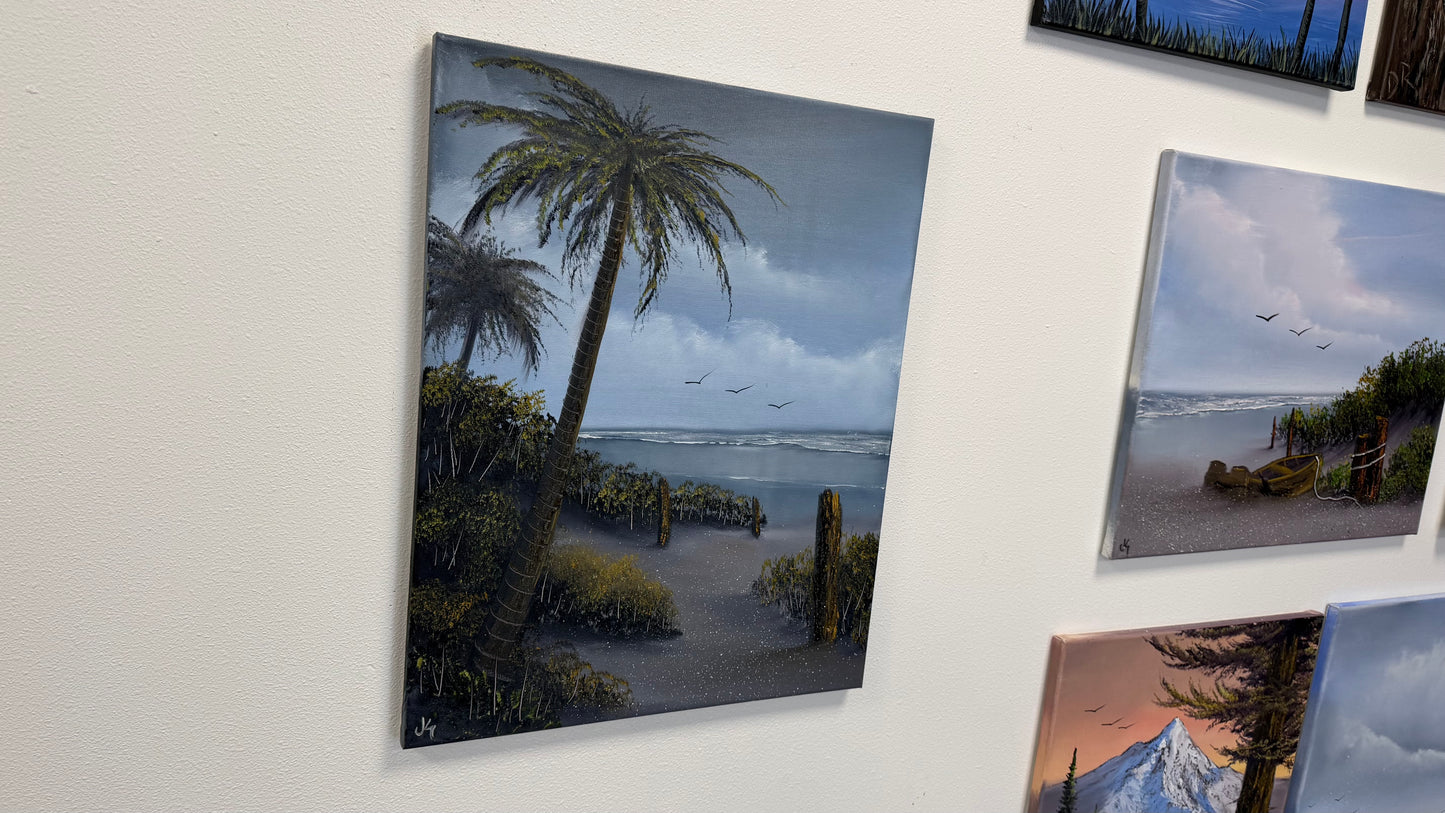 Painting #2564 - 16x20" Canvas - Tropical Palm Tree Seascape painted 8-22-26