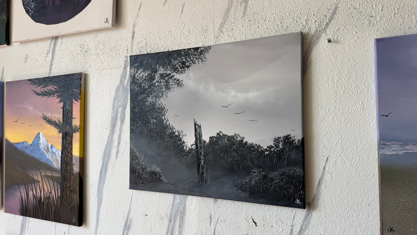 Painting #2448 - 16x20" Canvas - Fence Post Black and White painted 5-21-26