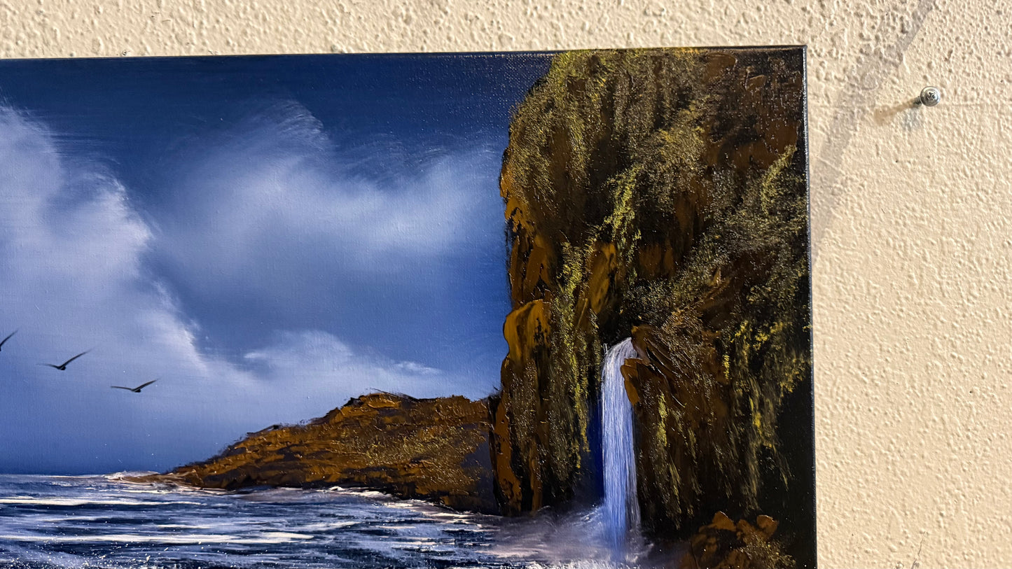 Painting #2237 - 16x20" Canvas - Coastal Waterfall Seascape painted 1-15-26