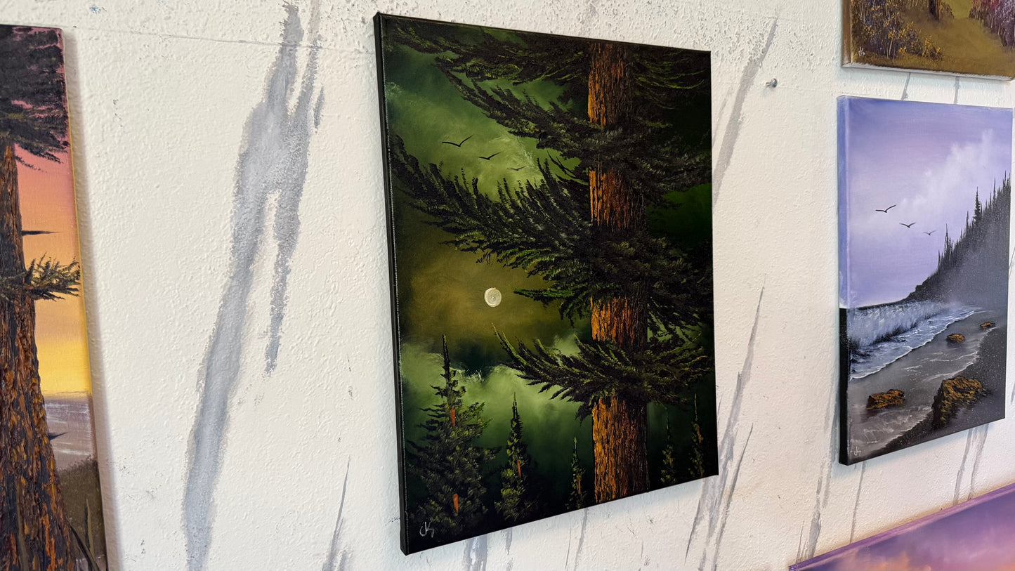 Painting #2471 - 16x20" Canvas - Full Moon Pine Tree Landscape painted 5-31-26