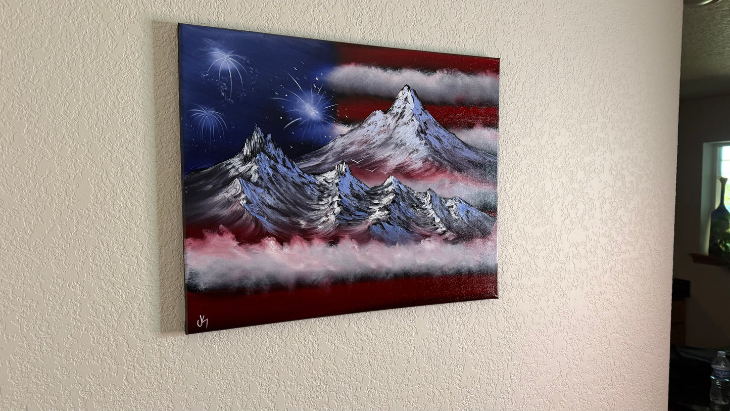Painting #2503 - 16x20" Canvas - American Flag Landscape painted by Josh and Dani on 7-4-26