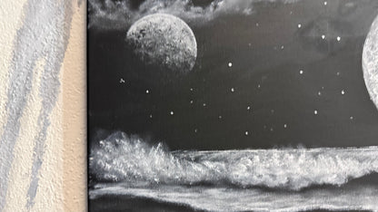 Painting #2248 - 16x20" Canvas - Black and White Galactic Seascape painted 1-20-26