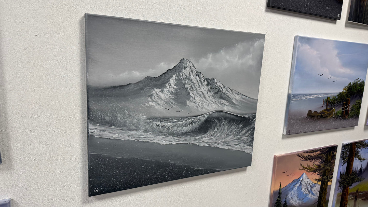 Painting #2536 - 20x24" Canvas - Black and White Mountain Seascape painted 7-31-26