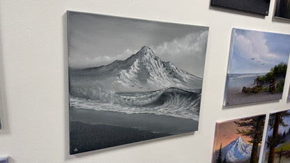 Painting #2536 - 20x24" Canvas - Black and White Mountain Seascape painted 7-31-26