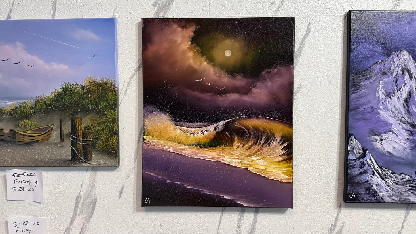 Painting #2445 - 16x20" Canvas - Golden Seascape painted 5-18-26