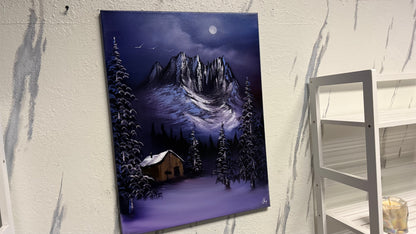Painting #2114 - 18x24" Canvas - Forest Cabin Painting with Fairy Lights painted 10-23-25