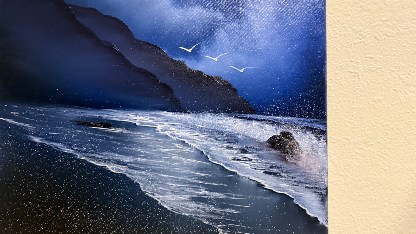 Painting #2102 - 16x20" Canvas - Night Coast Seascape painted 10-13-25