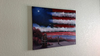 Painting #2501 - 16x20" Canvas - American Flag Seascape painted 7-3-26