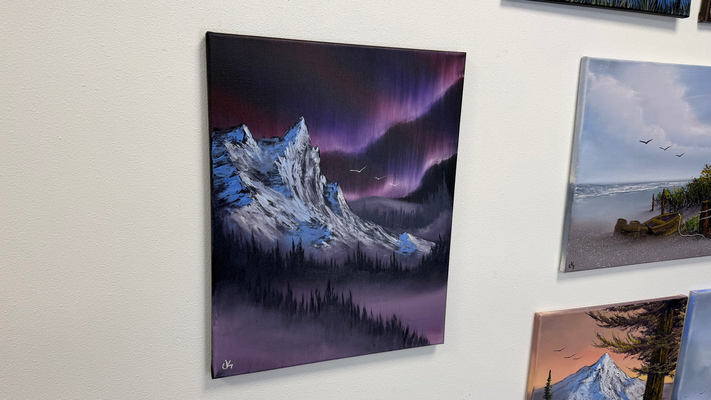 Painting #2559 - 16x20" Canvas - Northern Lights Mountain Landscape painted 8-21-26