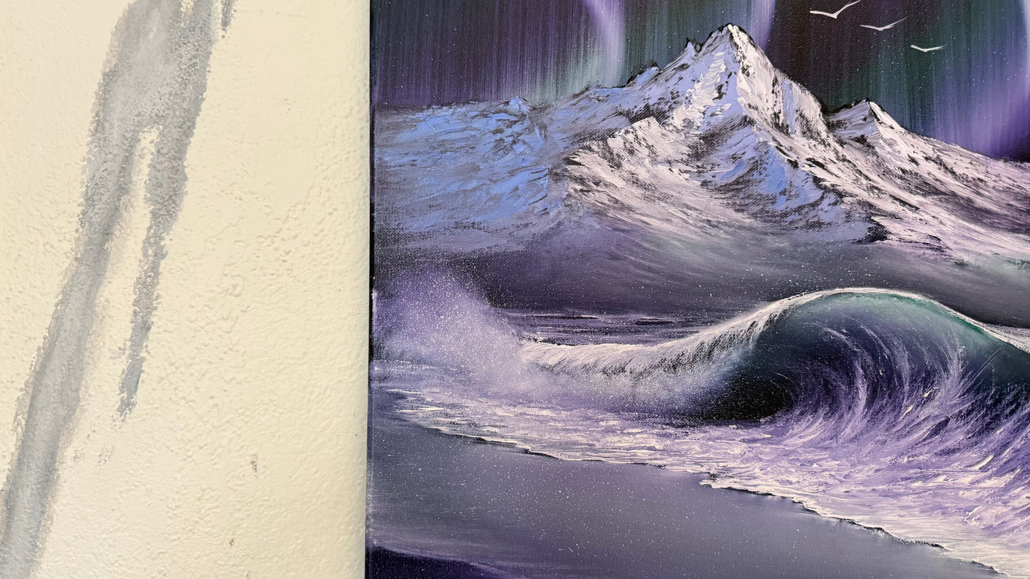 Painting #2403 - 16x20" Canvas - Aurora Mountain Seascape painted 4-21-26