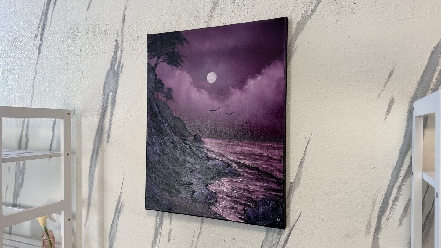 Painting #2180 - 16x20" Canvas - Full Moon Seascape painted 12-11-25