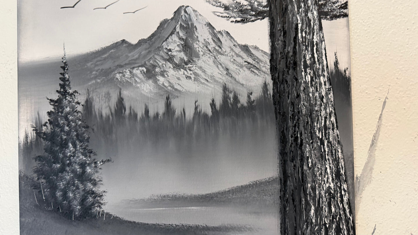 Painting #2316 - 18x24" Canvas - Black and White Winter Landscape painted 3-5-26