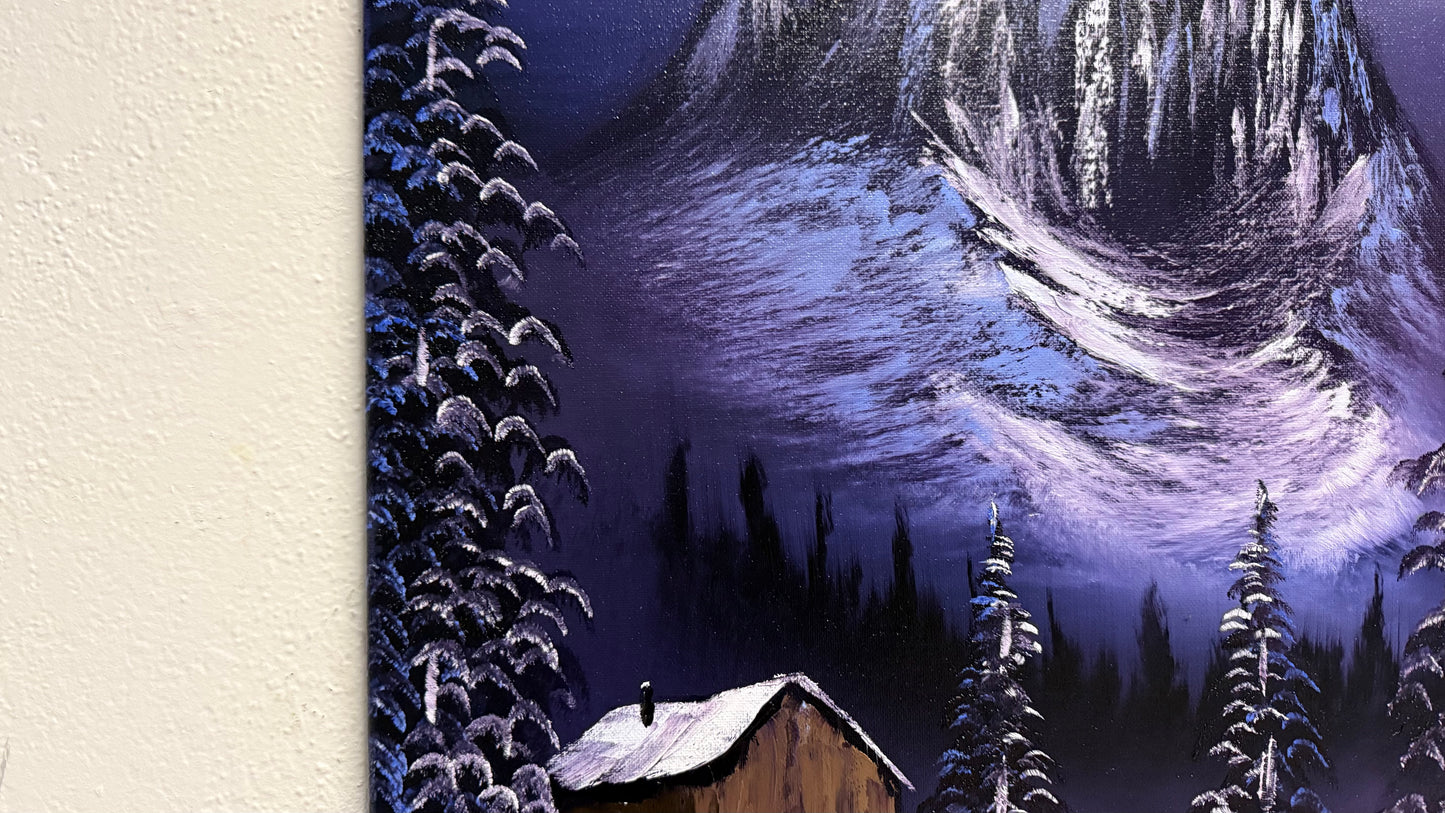 Painting #2114 - 18x24" Canvas - Forest Cabin Painting with Fairy Lights painted 10-23-25