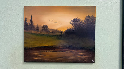 Painting #2076 - 16x20" Canvas - Midwest Sunset Farm painted 9-27-25