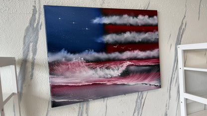 Painting #2121 - 18x24" Canvas - American Flag Seascape painted 10-26-25