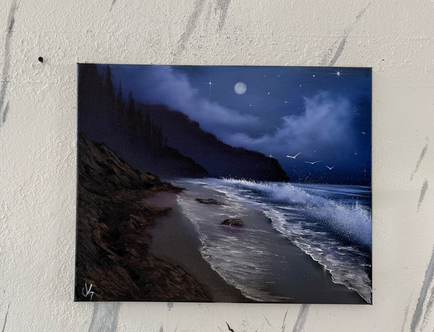 Painting #2100 - 16x20" Canvas - Night Rocky Seascape painted 10-13-25