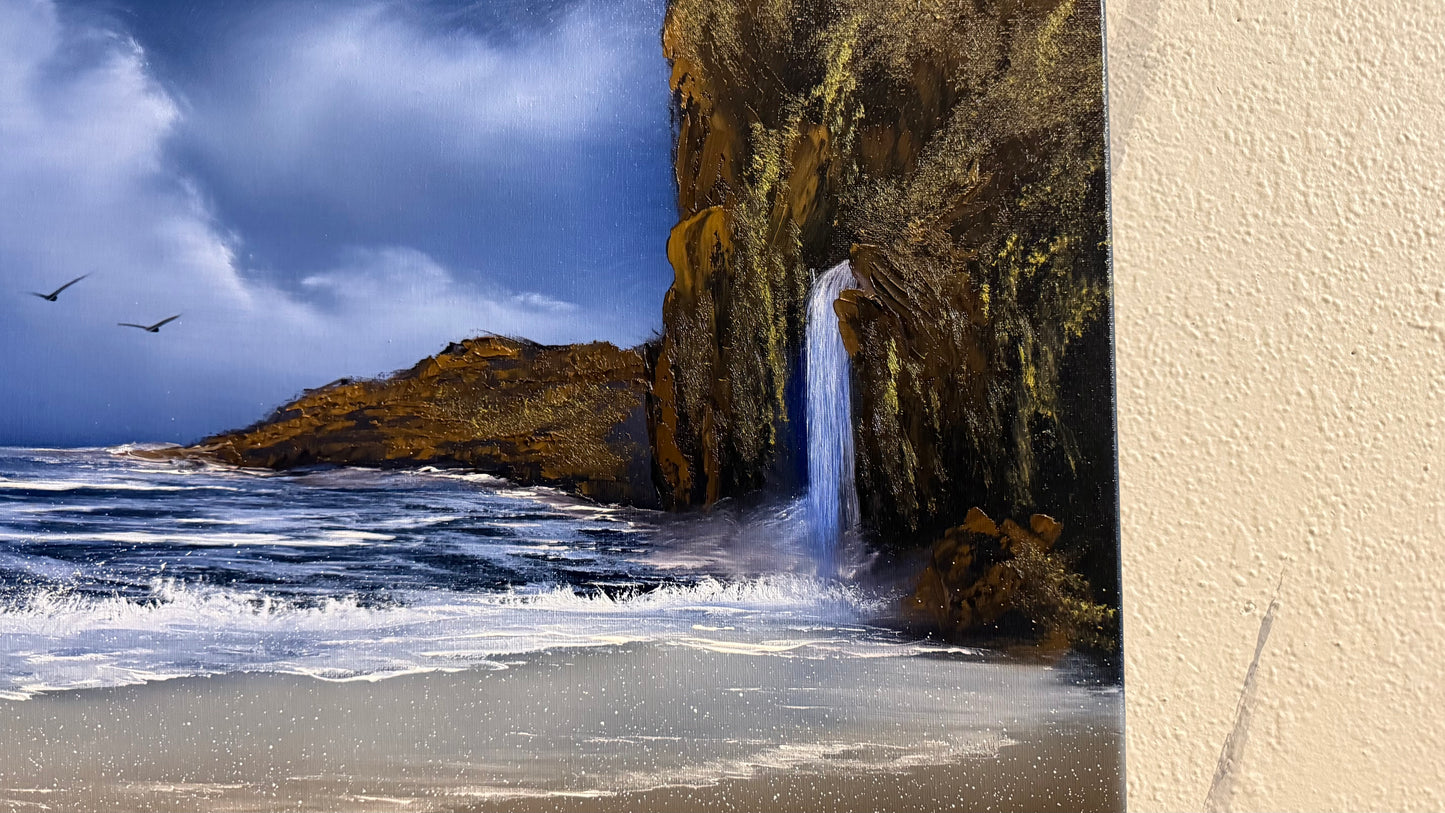 Painting #2237 - 16x20" Canvas - Coastal Waterfall Seascape painted 1-15-26