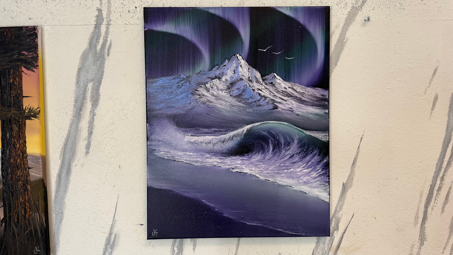 Painting #2403 - 16x20" Canvas - Aurora Mountain Seascape painted 4-21-26