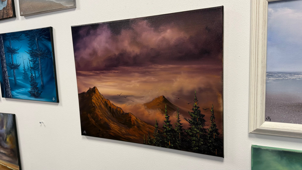Painting #2606 - 22x28" Canvas - Dramatic Sunset Mountain Landscape painted 9-18-26