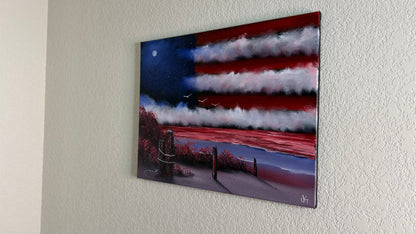 Painting #2501 - 16x20" Canvas - American Flag Seascape painted 7-3-26