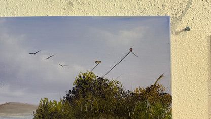 Painting #2423 - 16x20" Canvas - Kite Flying Seascape with Old Row Boat painted 5-2-26