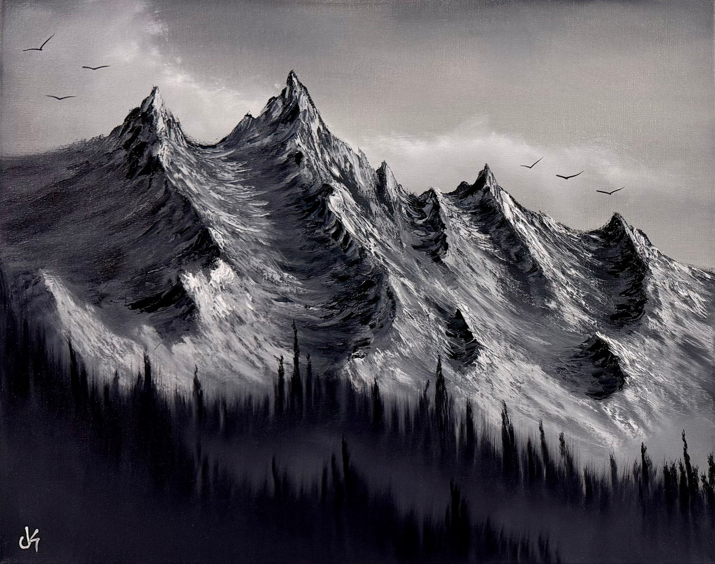 Painting #2563 - 16x20" Canvas - Black and White Mountain Landscape painted 8-23-26
