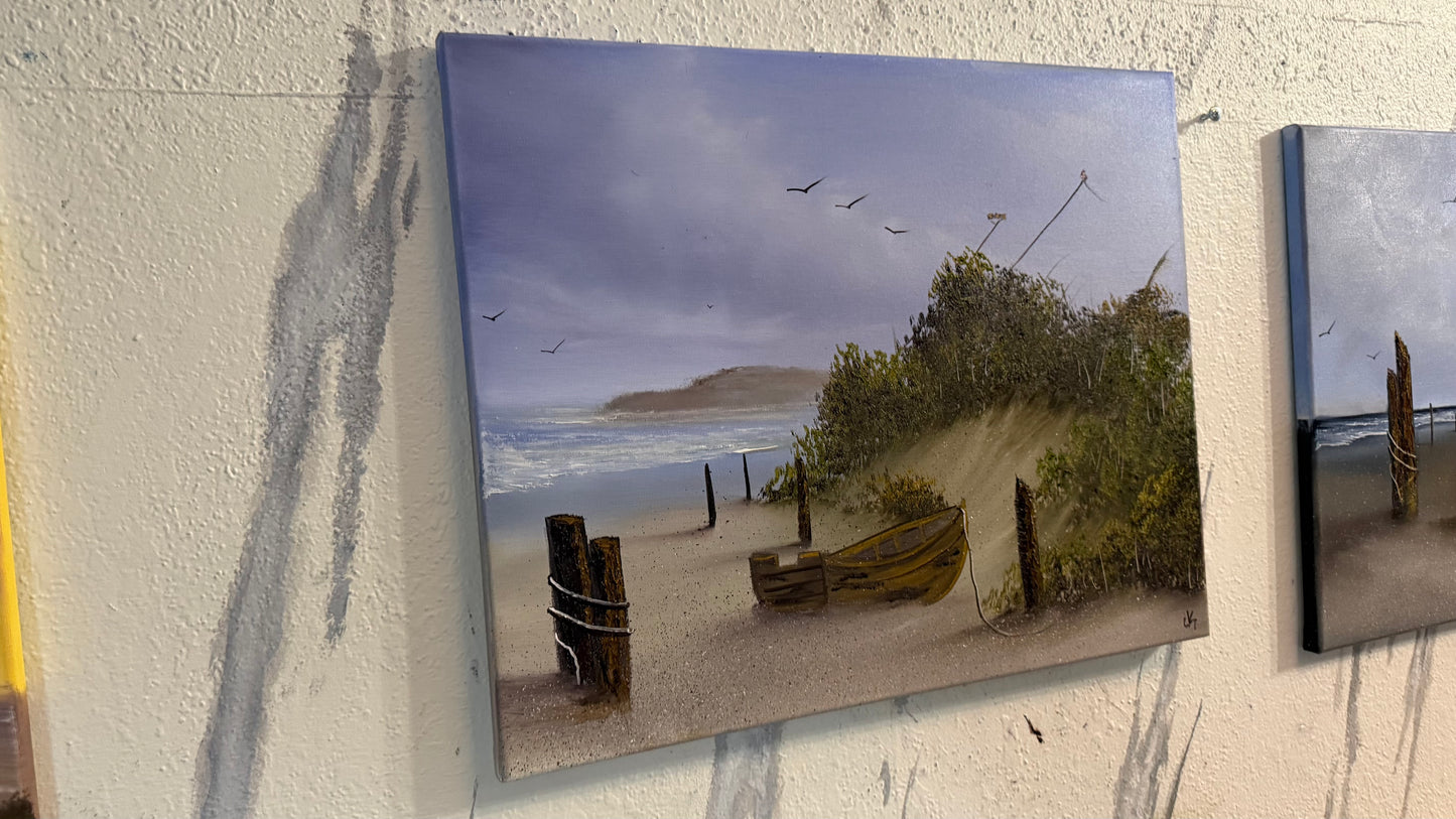 Painting #2423 - 16x20" Canvas - Kite Flying Seascape with Old Row Boat painted 5-2-26