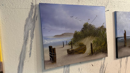 Painting #2423 - 16x20" Canvas - Kite Flying Seascape with Old Row Boat painted 5-2-26