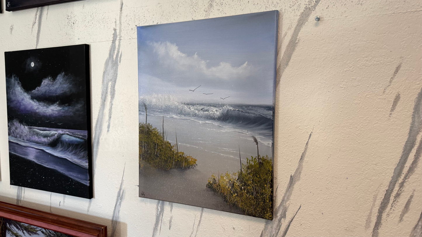 Painting #2321 - 16x20" Canvas - Crashing Wave Cattails Seascape painted 3-7-26