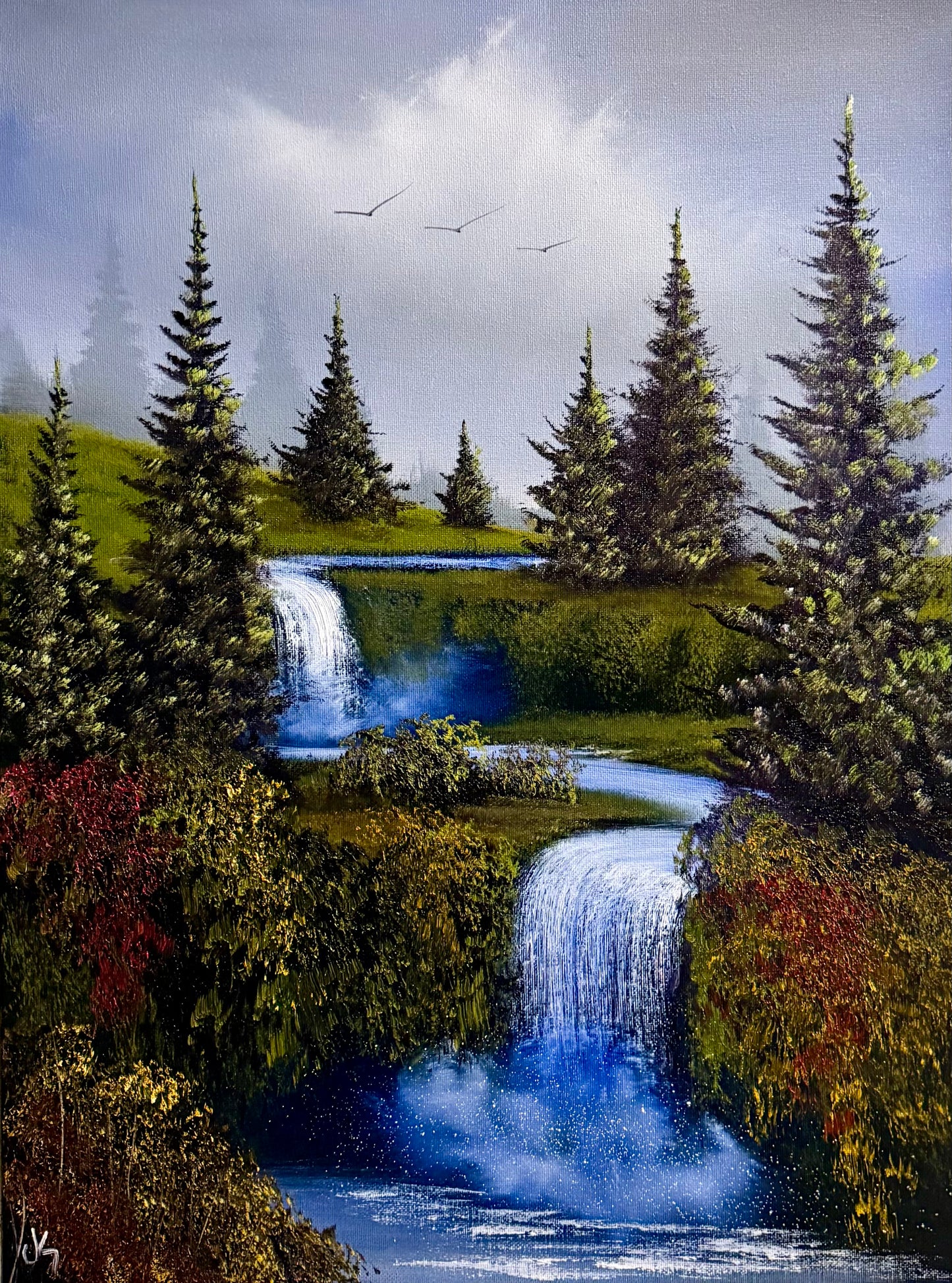 Painting #2282 - 18x24" Canvas - Spring Forest Waterfall painted 2-9-26