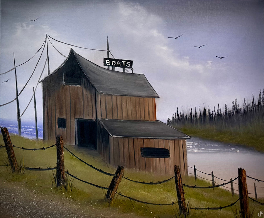 Painting #2418 - 20x24" Canvas - Boat House Seascape painted 4-29-26