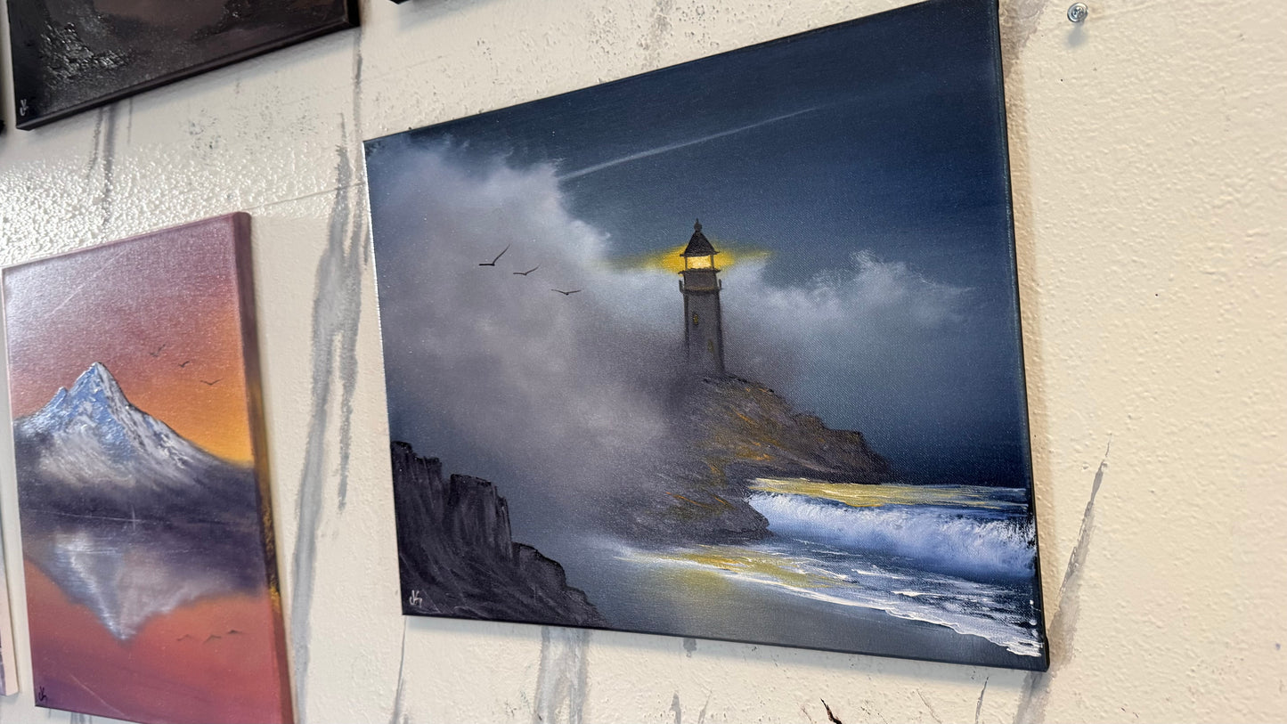 Painting #2230 - 16x20" Canvas - Lighthouse Seascape painted 1-10-26