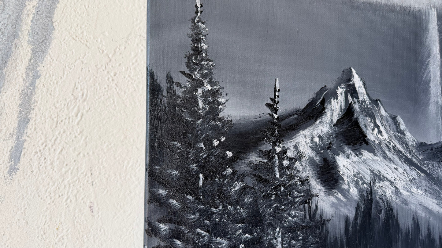 Painting #2488 - 16x20" Canvas - Black and White Mountain Waterfall painted 6-15-26
