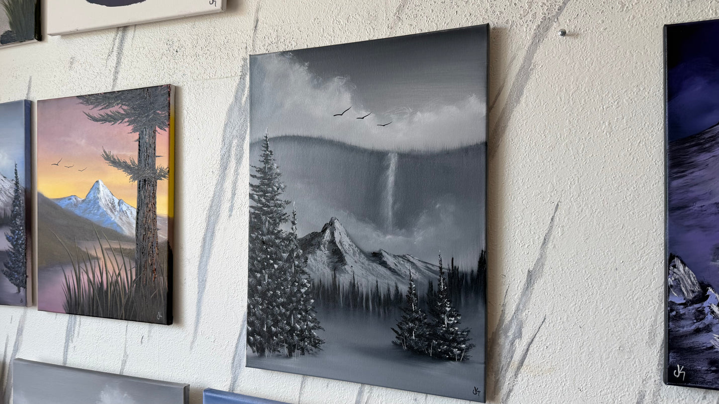 Painting #2489 - 18x24" Canvas - Black and White Mountain Waterfall painted 6-15-26